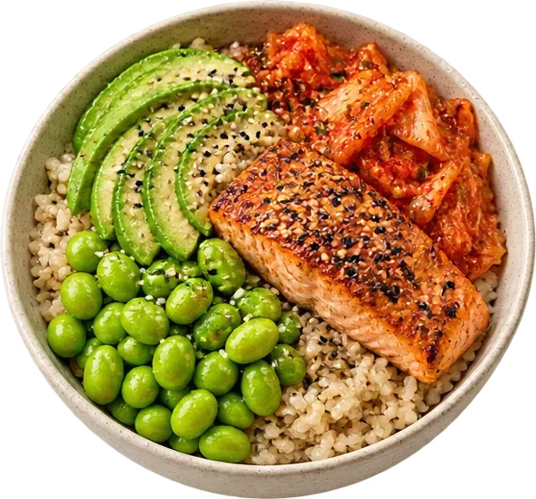 A gut friendly bowl with salmon, avocado and edamame